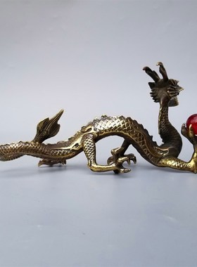 桌面铜回头龙戏珠摆件汉龙工艺品摆件装饰铜器复古书房生肖龙笔架