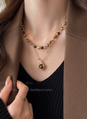 秋冬复古虎眼石款天然石串珠项链套装女轻奢时尚锁骨Y链气质毛衣