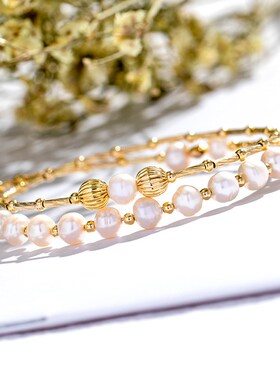 淡水珍珠手镯弹力小众设计手工铜镀真金多层开口手链 送妈妈礼物