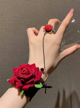 朋克风复古哥特红色玫瑰花蕾丝手链lolita手饰手套万圣节手腕配饰