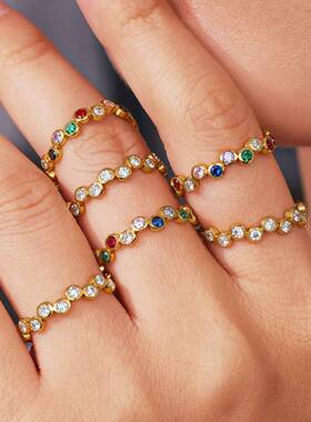 梦幻 精致小巧彩色满圈锆石开口戒指设计感时尚叠戴不锈钢食指戒