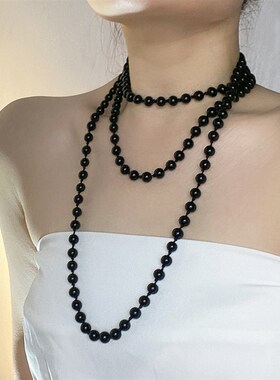 时髦黑色珍珠复古串珠q长款项链女多层叠戴气质毛衣链颈链配饰