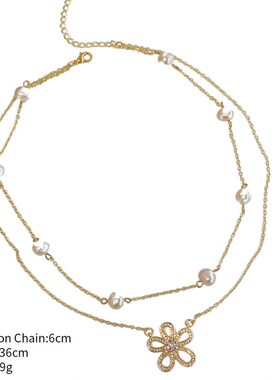 法式花朵微镶锆石双层淡水珍珠项链女精致甜美风颈饰女铜镀真金