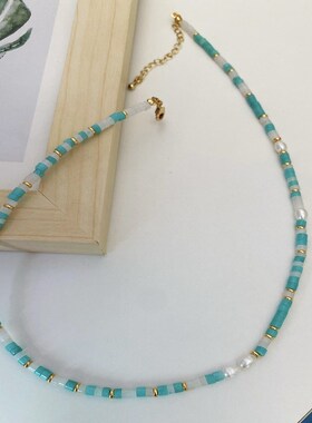 【湖光玉色】湖绿色天然石手工串珠项链女日常叠戴淡水珍珠锁骨链