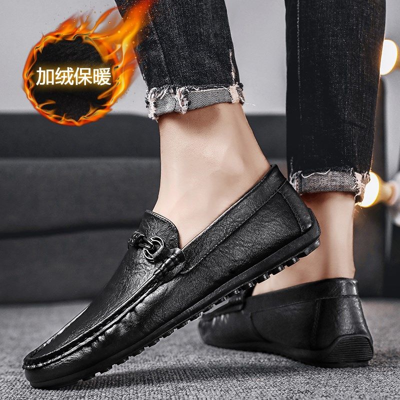 冬季男鞋商务休闲英伦一脚蹬黑色皮鞋开车豆豆鞋加绒保暖二棉鞋男,淘宝优惠券,粉丝福利购,淘宝优惠卷