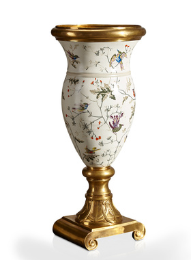 欧式手工彩绘花鸟陶瓷配铜储物盖坛客厅插花花瓶卧室床头装饰摆件