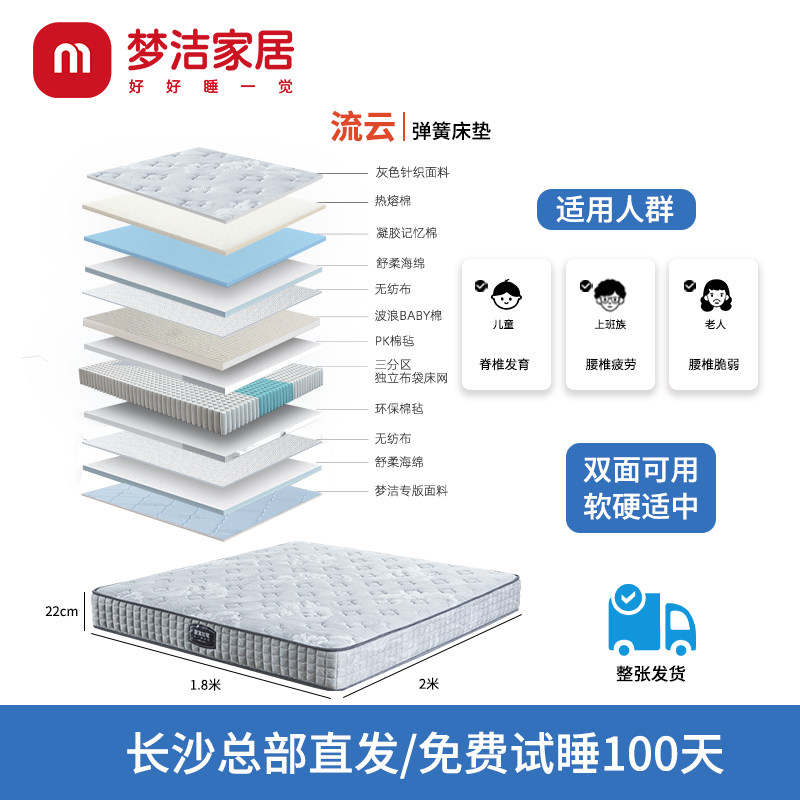 梦洁家居零压记忆棉床垫三分区独立弹簧软硬双面可定制【流云】,淘宝优惠券,粉丝福利购,淘宝优惠卷