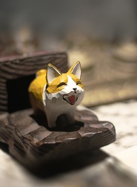 鹿妖商店 开心狗子 纯手工木雕摆件 柯基 哈士奇实木动物桌面雕塑