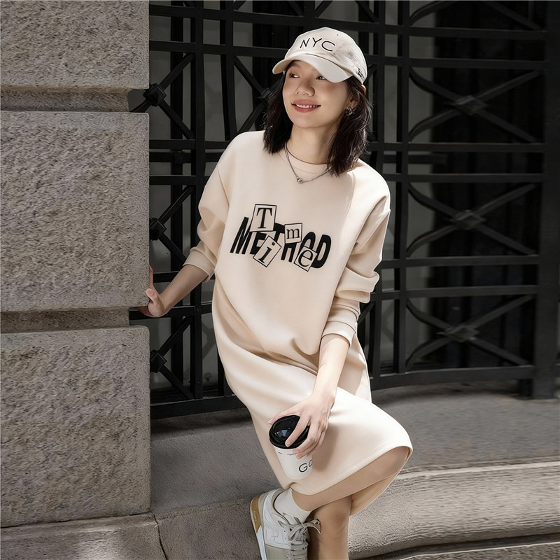 春秋新款中长款宽松显瘦长袖纯棉连衣裙女装韩版百搭字母印花裙子,淘宝优惠券,粉丝福利购,淘宝优惠卷