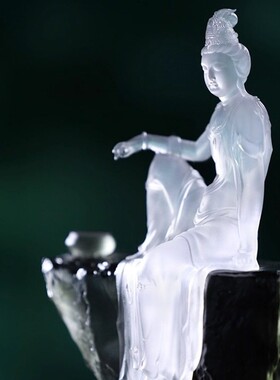 京铜琉璃山石水月自在观音摆件
