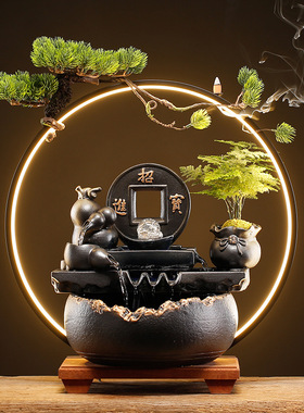 流水生财摆件陶瓷创意家居饰品办公室桌面雾化加湿器乔迁开业