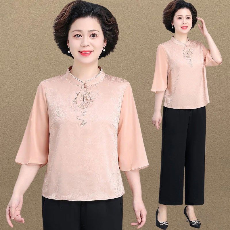 中老年妈妈夏季中袖雪纺小衫休闲套装女J奶奶减龄新中式国风两件,淘宝优惠券,粉丝福利购,淘宝优惠卷