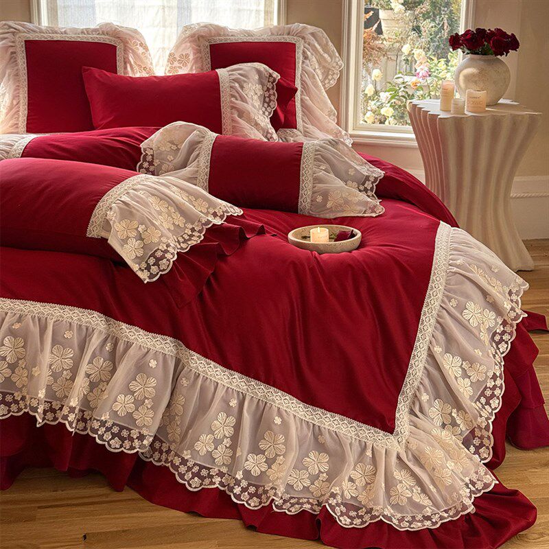 浪漫法式婚庆四件套蕾p丝大花边红色结婚被套床裙边1.8米床上用品,淘宝优惠券,粉丝福利购,淘宝优惠卷