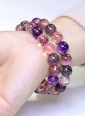 天然紫发晶手链男女款8-12mmA超级七三轮骨干彩发晶金草莓水晶手