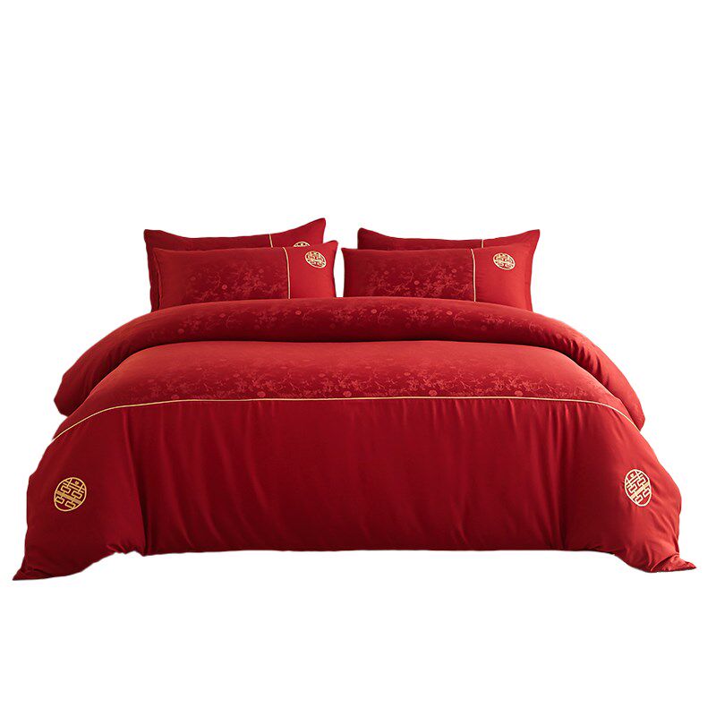 新中式长绒棉提花结婚四件套双囍被套大P红色婚庆床上用品,淘宝优惠券,粉丝福利购,淘宝优惠卷