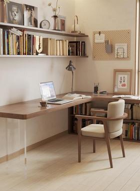 全实木转角书桌拐角型电脑桌书架书柜家用亚克力双人学习办公桌子