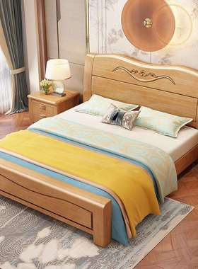 新款新中式实木床1.8米双人主卧婚床1.5单人床经济型气压高箱储