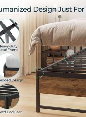 铁艺床双人铁架床带LED灯充电口加高储物板式床静音免装静音设计