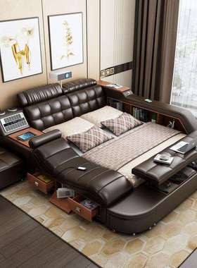 高档皮床榻榻米真皮双人床主卧1.5/1.8米简约智能按摩婚床