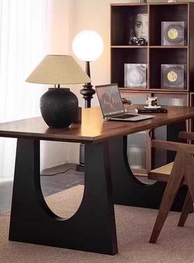 复古实木餐桌胡桃木色客厅大长书桌工作台大板餐书桌一体办公桌子