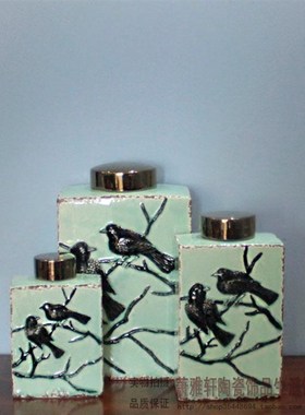 美式乡村家居装饰品客厅玄关摆件裂纹浅绿陶瓷电镀盖花鸟装饰方罐