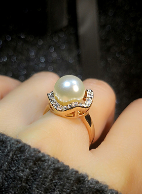 日韩版满钻锆石碎钻百搭个性潮人简约大珍珠女款夸张食指装饰戒指