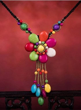 复古项链女毛衣链长款百搭秋冬简约精致民主风松石花朵流苏装饰链