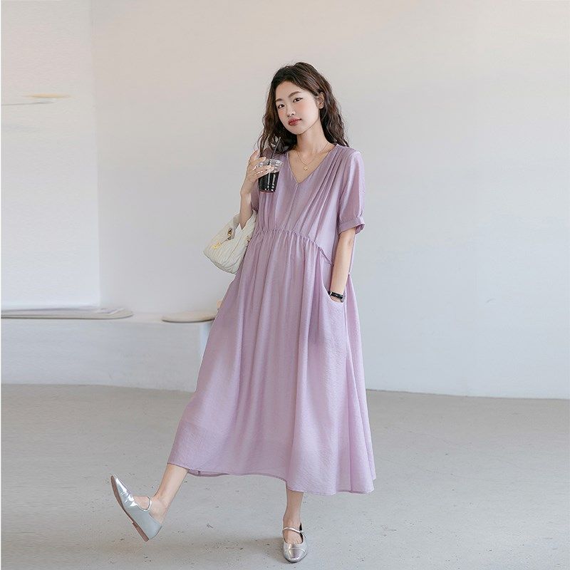 高级孕妇装夏装连衣裙紫色显白时尚法式气质长裙V领连身裙孕妇裙,淘宝优惠券,粉丝福利购,淘宝优惠卷