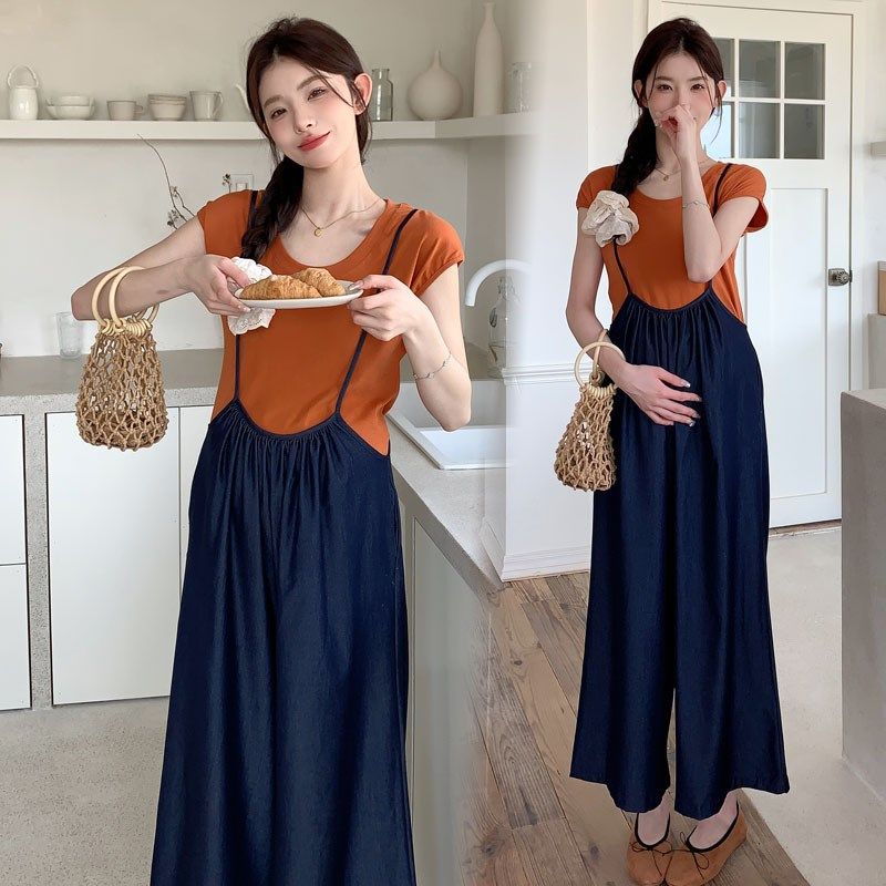 孕妇装2024新款时尚夏装休闲套装短袖上衣背带裤时髦夏季两件套潮,淘宝优惠券,粉丝福利购,淘宝优惠卷