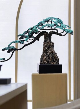 中式金属仿真迎客松摆件别墅客厅玄关酒店大堂铁艺松树雕塑工艺品