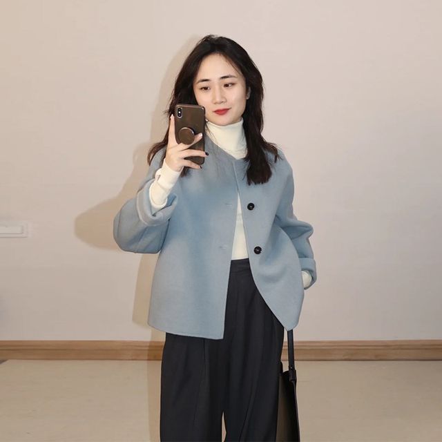 High-end gentle style blue short woolen jacket for women in spring and autumn new Korean version of small person casual temperament