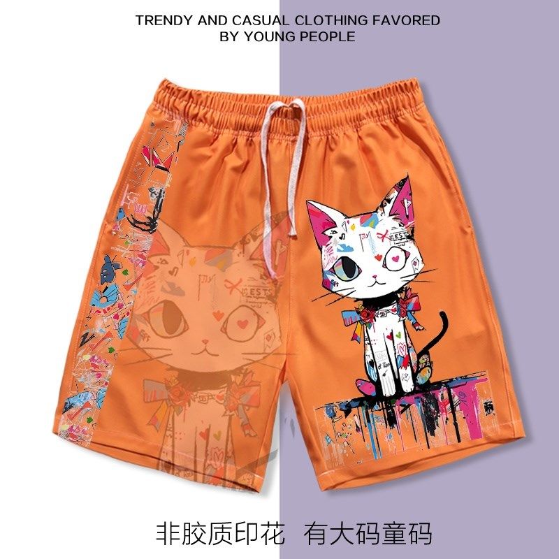 美式多巴胺卡通涂鸦猫短裤男夏季宽松五分裤男女休闲印花沙滩裤潮,淘宝优惠券,粉丝福利购,淘宝优惠卷