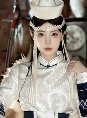 女士蒙族服装蒙古帽子少数民族婚礼新娘帽子白色头饰摄影旅拍饰品