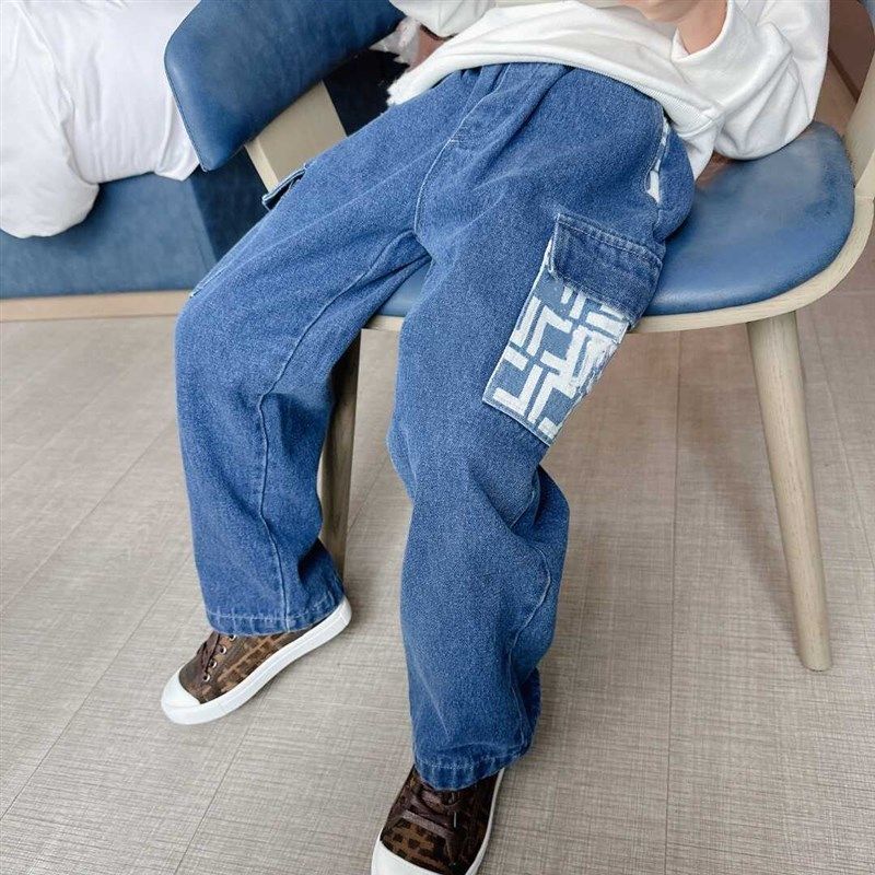 重工水洗字母绣花直筒牛仔裤大口袋潮款单宁裤子男女童松紧腰裤装,淘宝优惠券,粉丝福利购,淘宝优惠卷