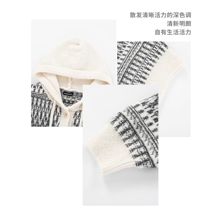 i.t GROUNDZERO韩系2025秋冬杏色连帽撞色长袖毛衣针织开衫女 - 图3