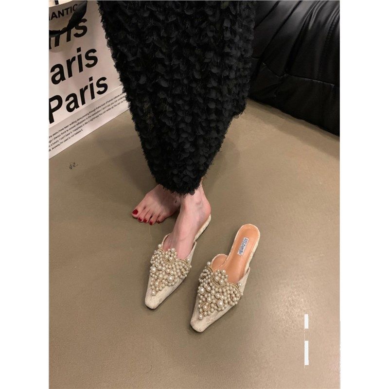 法式气质a国风包头蕾丝平底尖头半拖鞋女夏凉拖鞋珍珠水钻鞋懒人,淘宝优惠券,粉丝福利购,淘宝优惠卷