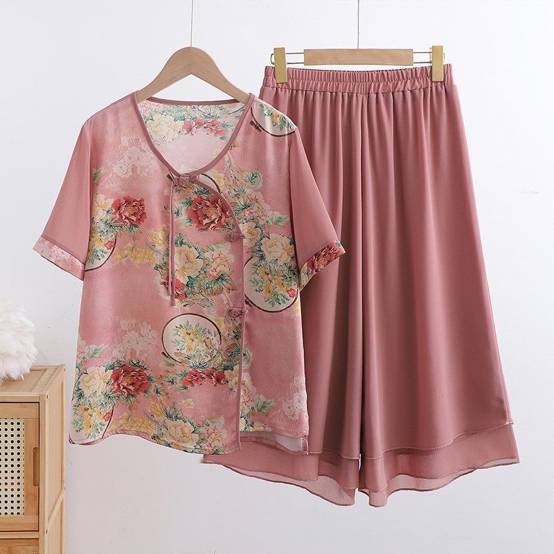 母亲节妈妈夏季雪纺套装r国风新款中老年女花色新中式阔腿裤两件,淘宝优惠券,粉丝福利购,淘宝优惠卷