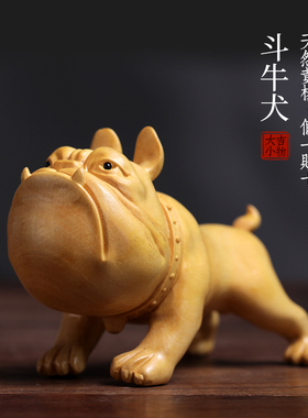 天然黄杨实木雕可爱斗牛犬文x玩手把件中式摆件家居工艺品装饰品