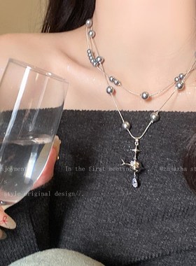 飞船灰色珍珠吊坠项链女小众独特个性毛衣链高级感叠戴长款卫衣链