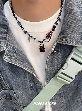 幽灵串珠拼接项链男款锁骨链女生嘻哈小众设计高级感毛衣炼万圣节
