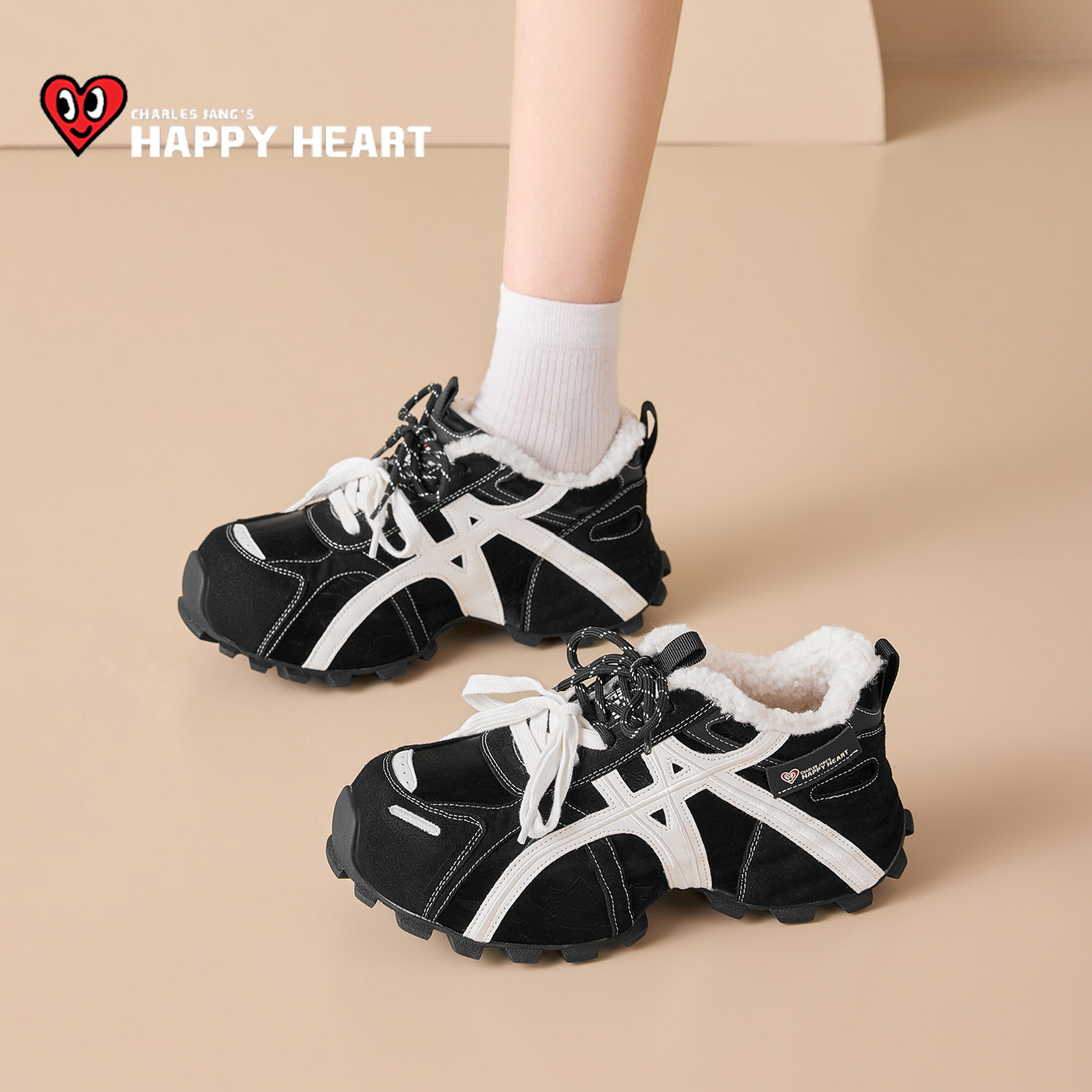 查尔斯桃心黑色老爹鞋女2025冬季加绒加厚运动鞋休闲厚底增高女鞋,淘宝优惠券,粉丝福利购,淘宝优惠卷
