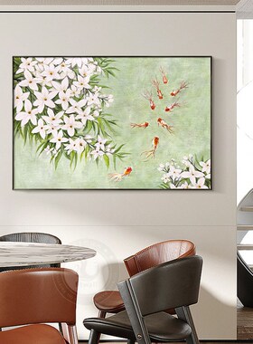 凤之舞手绘油画九鱼餐厅装饰画现代简约美式玄关挂画沙发背景墙画
