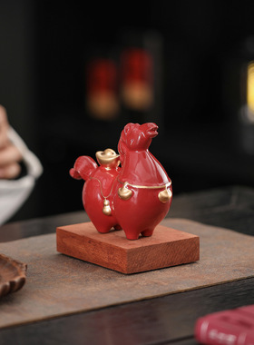 稀缺质感马上有钱摆件陶瓷红色招财唐马工艺创意中式客厅办公室