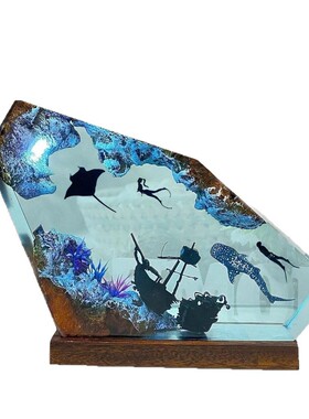 稀缺质感鲸鲨蝠鲼潜水员夜灯海洋树脂木灯设计圣诞独特礼物家居装