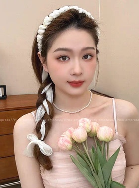 高颅顶珍珠发箍头饰女飘带编发一体波浪头箍带齿防滑正反两戴发捆