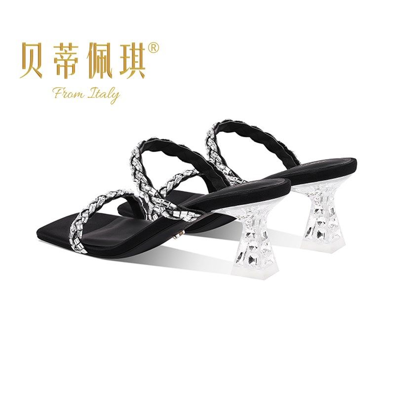 水晶高跟一字带露趾拖鞋女2025年夏季新款方头粗跟外X穿水钻凉拖,淘宝优惠券,粉丝福利购,淘宝优惠卷