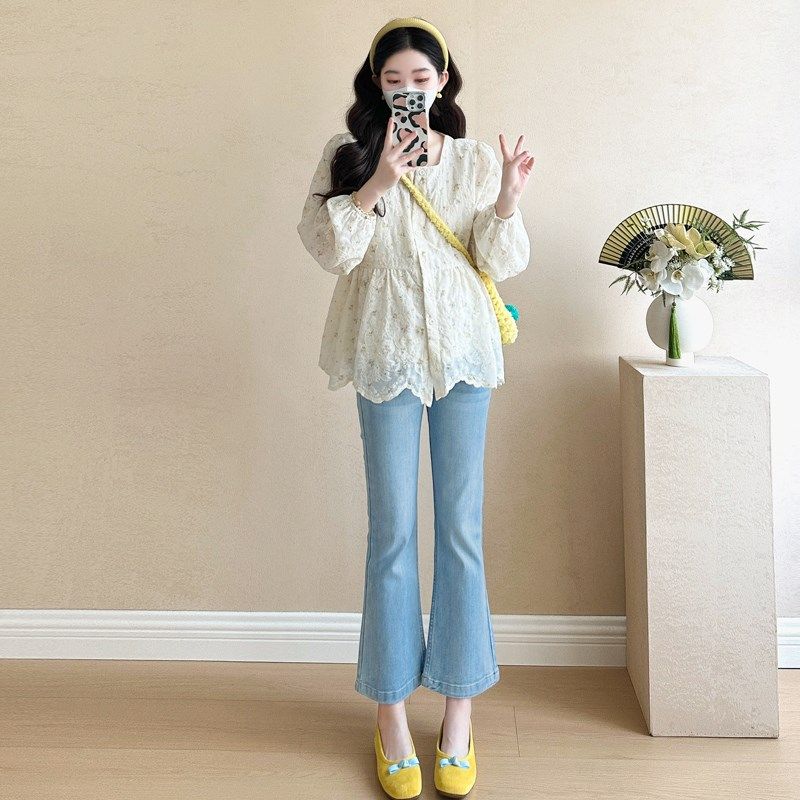 孕妇套装春秋2025新款杏色复古气质宽松方领娃娃衫牛仔裤两件套女,淘宝优惠券,粉丝福利购,淘宝优惠卷