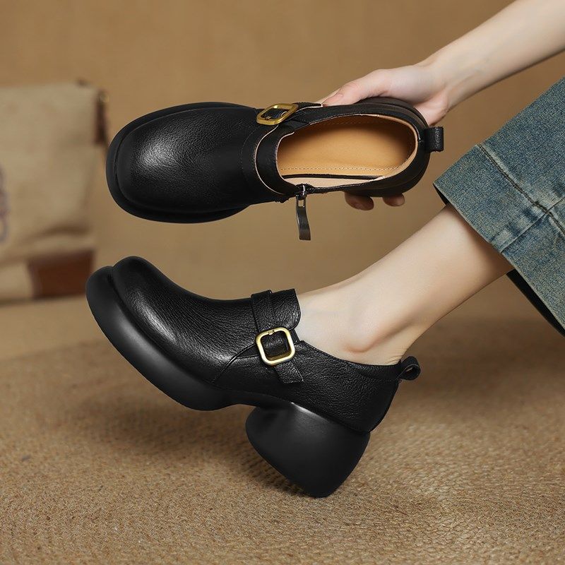 真皮厚底一脚蹬小皮鞋女2025年新款深口单鞋皮带扣粗跟高跟鞋大码,淘宝优惠券,粉丝福利购,淘宝优惠卷