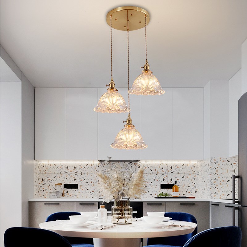 北欧餐厅吊灯三头复古店铺吧台民宿餐桌透明玻璃简约全铜小吊灯 - 图2