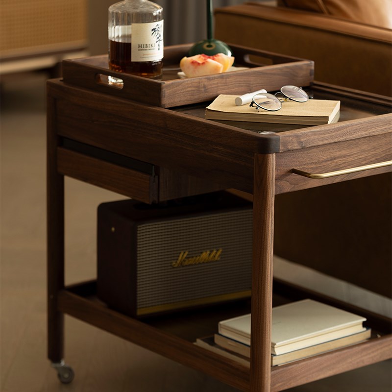 凯舜木作黑胡桃木边几可移动带轮茶几桌沙发边小推车北欧实木角几 - 图2